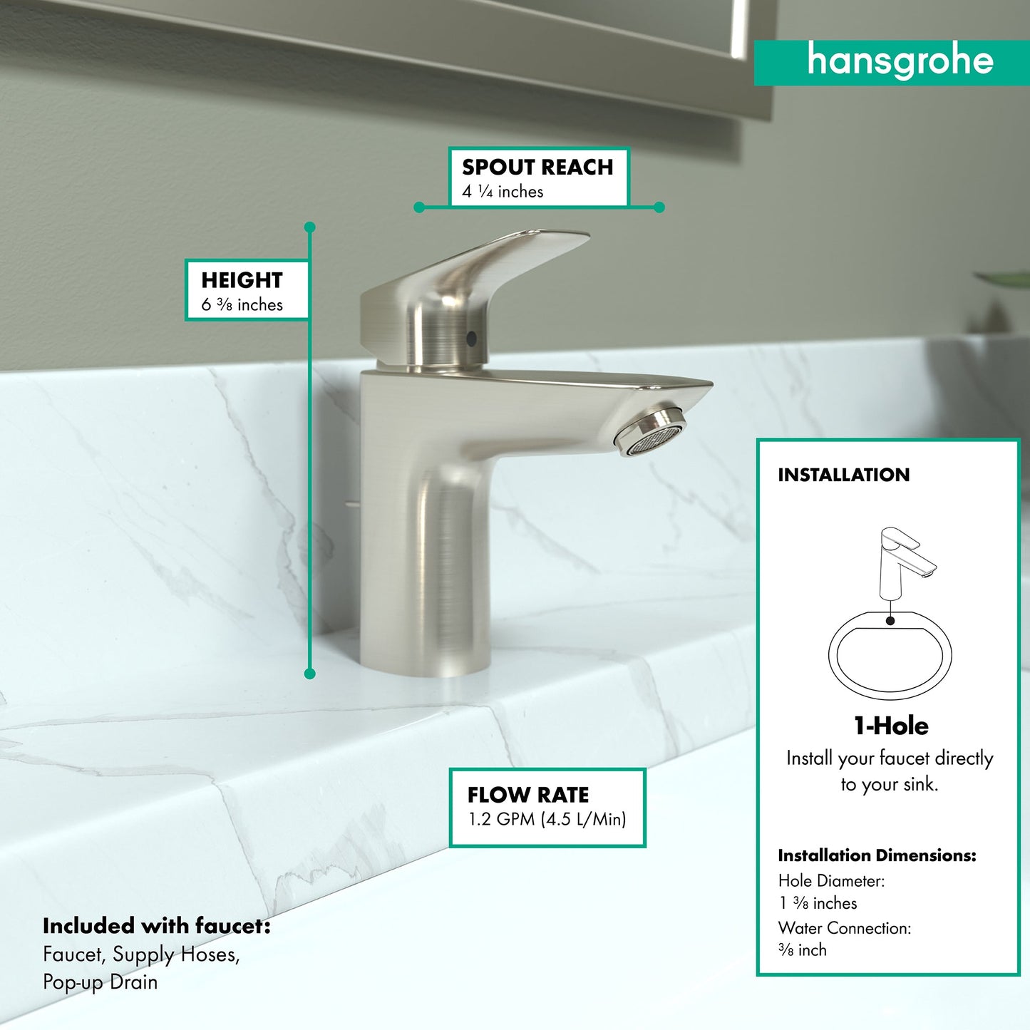 hansgrohe Logis Single-Hole Faucet 100 with Pop-Up Drain, 1.2 GPM