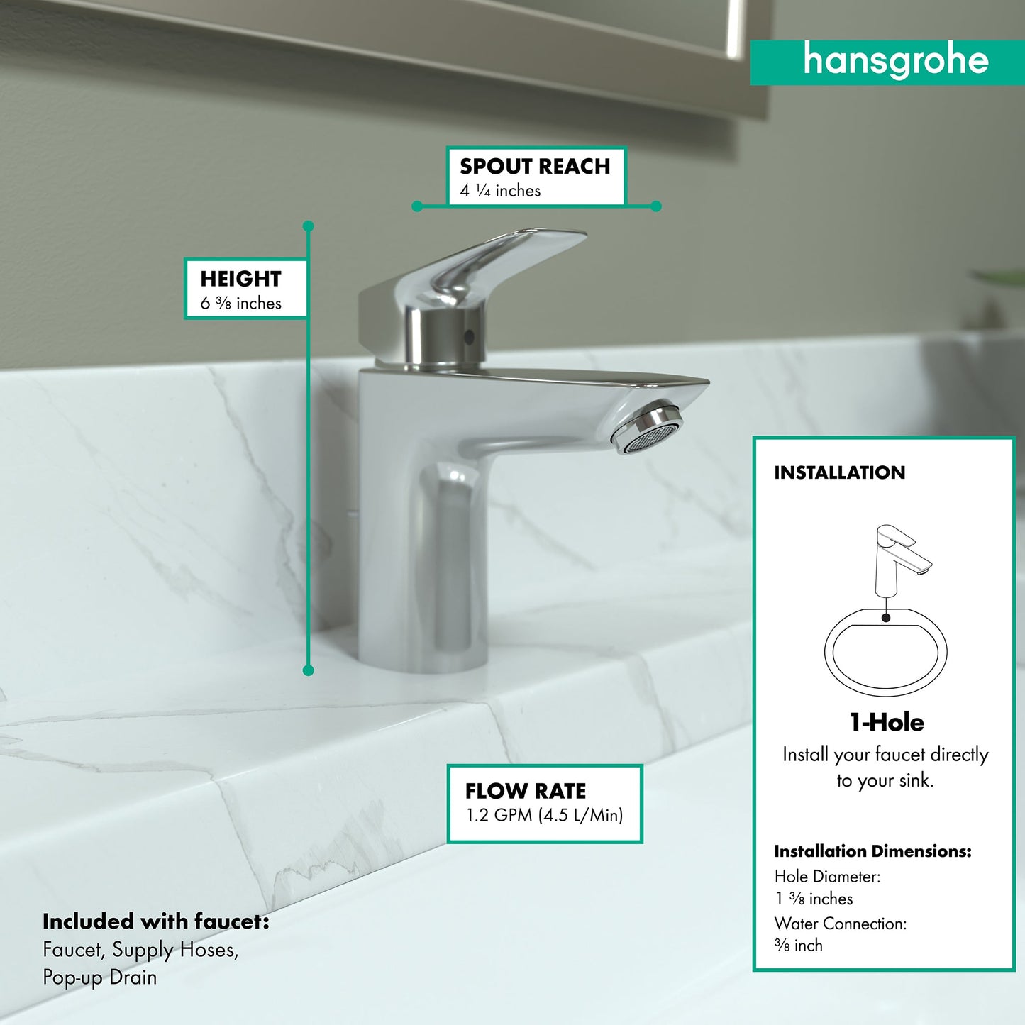 hansgrohe Logis Single-Hole Faucet 100 with Pop-Up Drain, 1.2 GPM