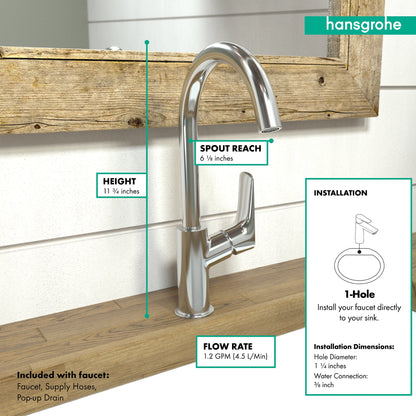 hansgrohe Logis Single-Hole Faucet 210 with Swivel Spout and Pop-Up Drain, 1.2 GPM