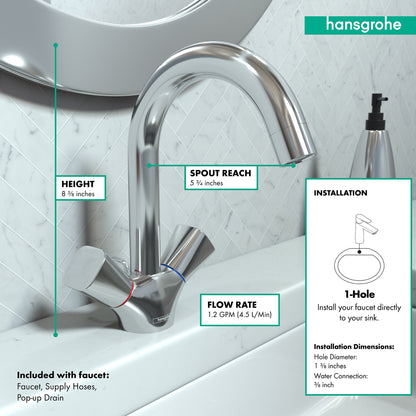 hansgrohe Logis Single-Hole Faucet 150 with Swivel Spout and Pop-Up Drain, 1.2 GPM