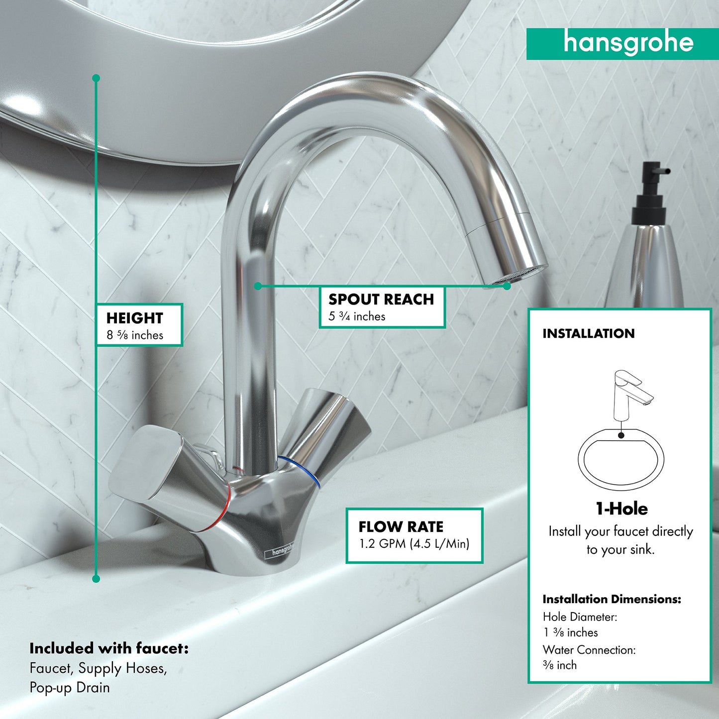 hansgrohe Logis Single-Hole Faucet 150 with Swivel Spout and Pop-Up Drain, 1.2 GPM