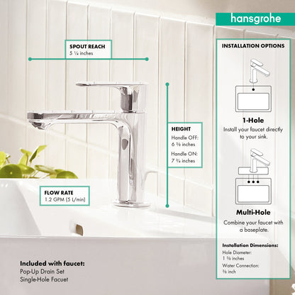 hansgrohe Rebris S Single-Hole Faucet 110 with Pop-Up Drain, 1.2 GPM