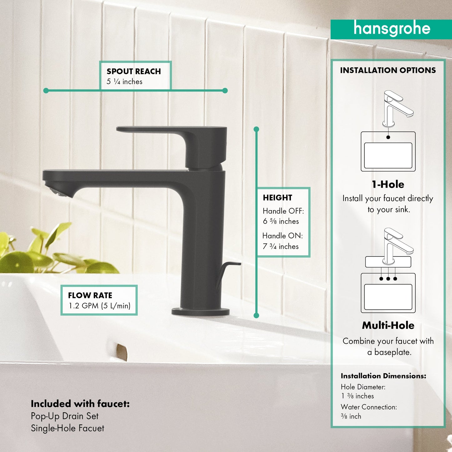 hansgrohe Rebris S Single-Hole Faucet 110 with Pop-Up Drain, 1.2 GPM