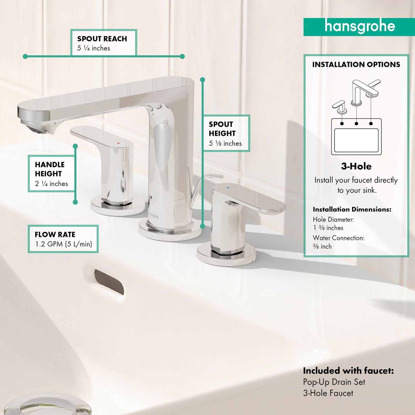 hansgrohe Rebris S Widespread Faucet 110 with Pop-Up Drain, 1.2 GPM