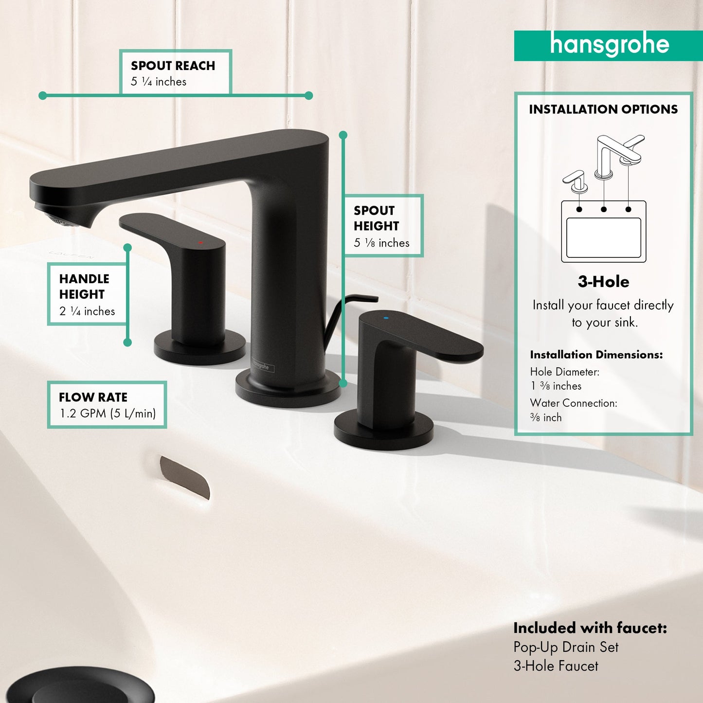 hansgrohe Rebris S Widespread Faucet 110 with Pop-Up Drain, 1.2 GPM