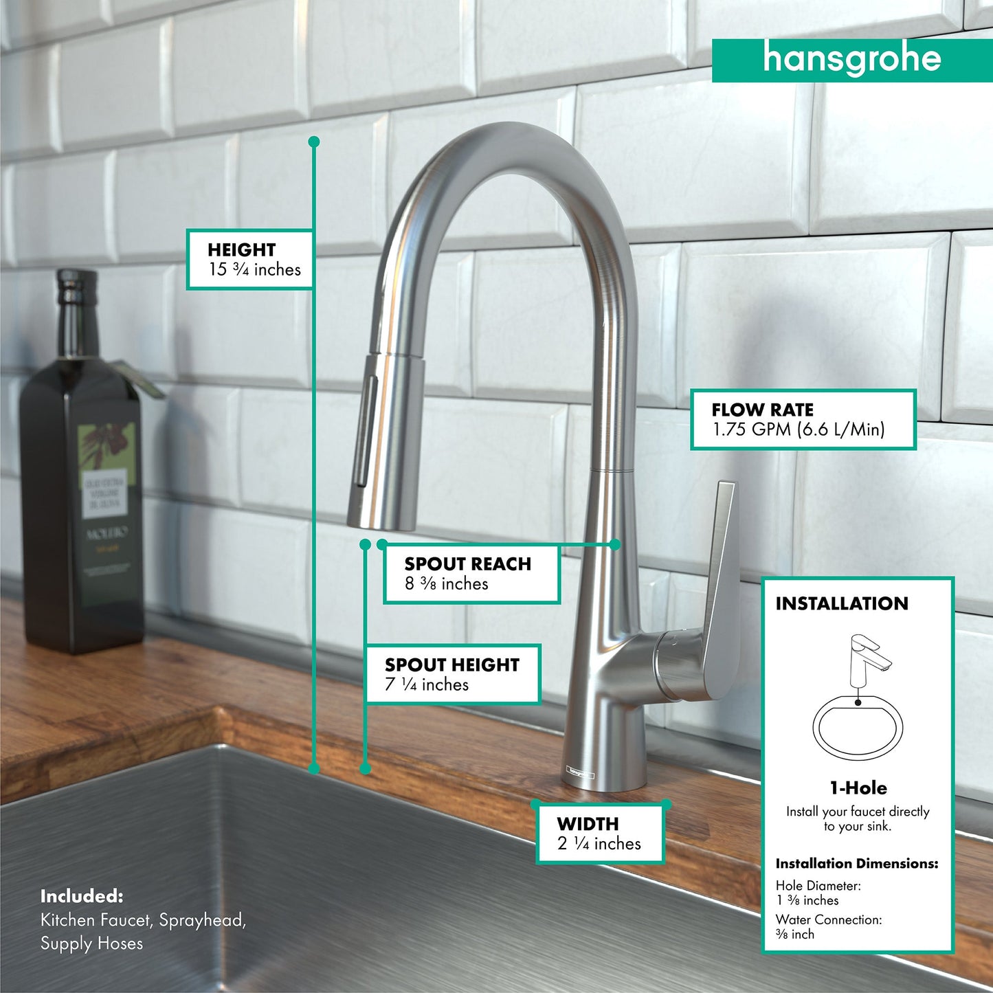 hansgrohe Talis S HighArc Kitchen Faucet, 2-Spray Pull-Down, 1.75 GPM