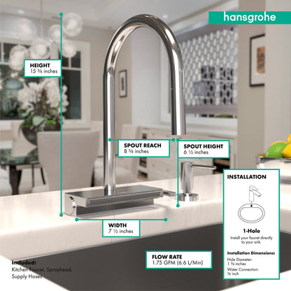 hansgrohe Aquno Select HighArc Kitchen Faucet, 3-Spray Pull-Down, 1.75 GPM