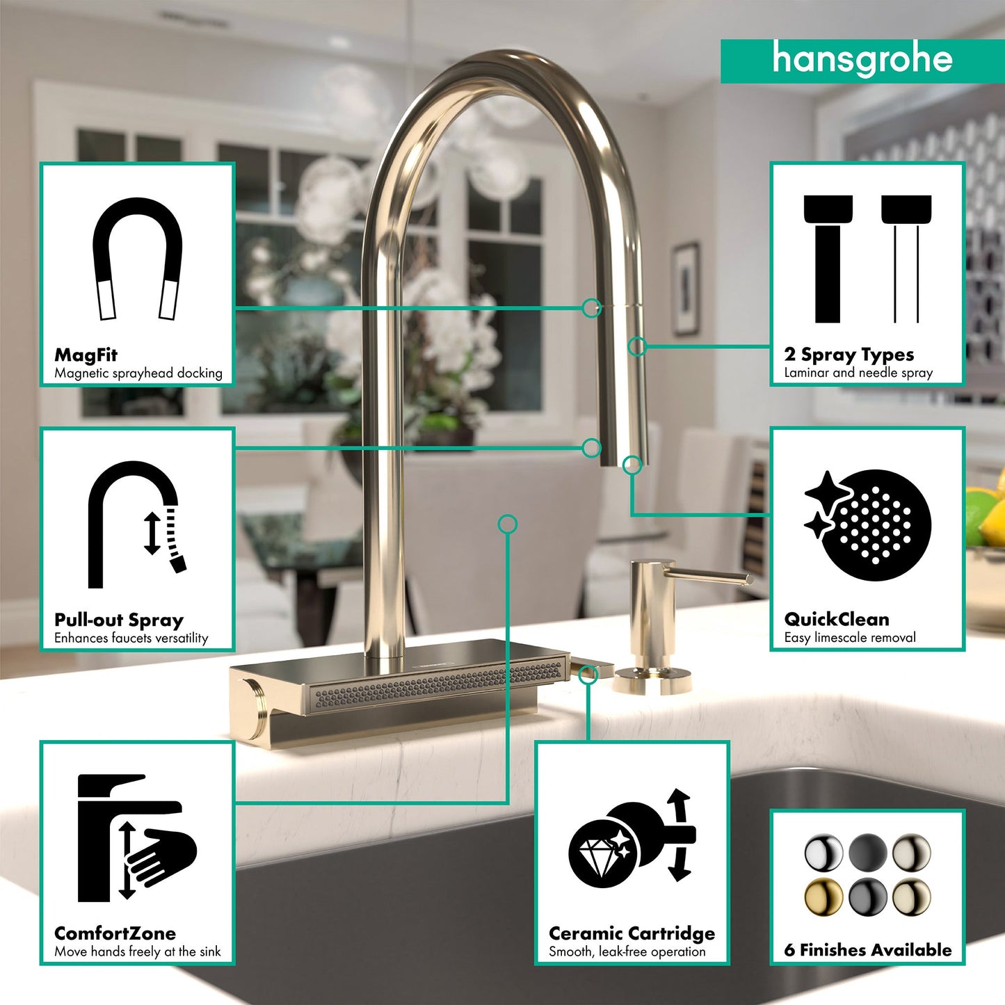 hansgrohe Aquno Select HighArc Kitchen Faucet, 3-Spray Pull-Down, 1.75 GPM
