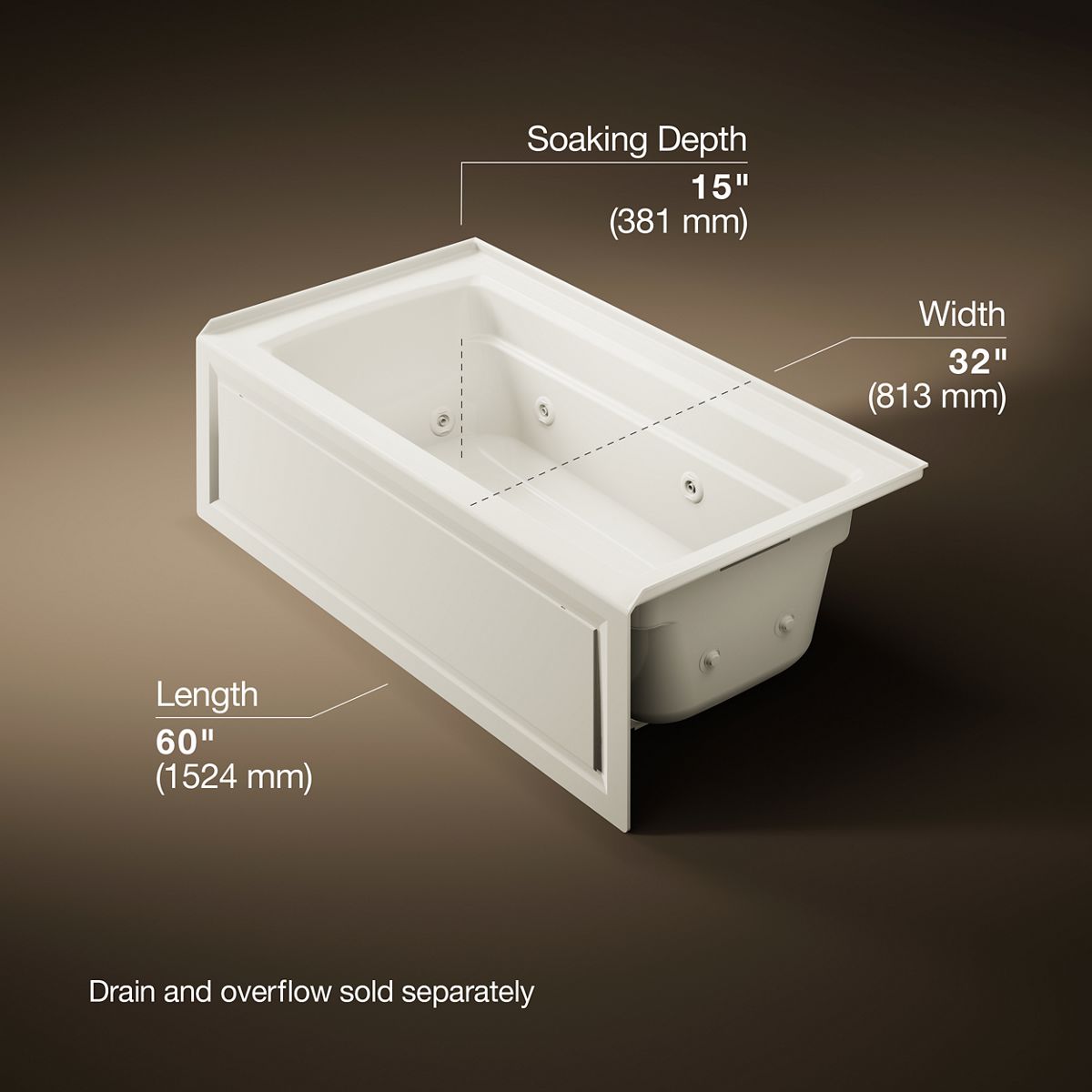 KOHLER K-1122-HR Archer 60" x 32" alcove heated whirlpool bath, right drain