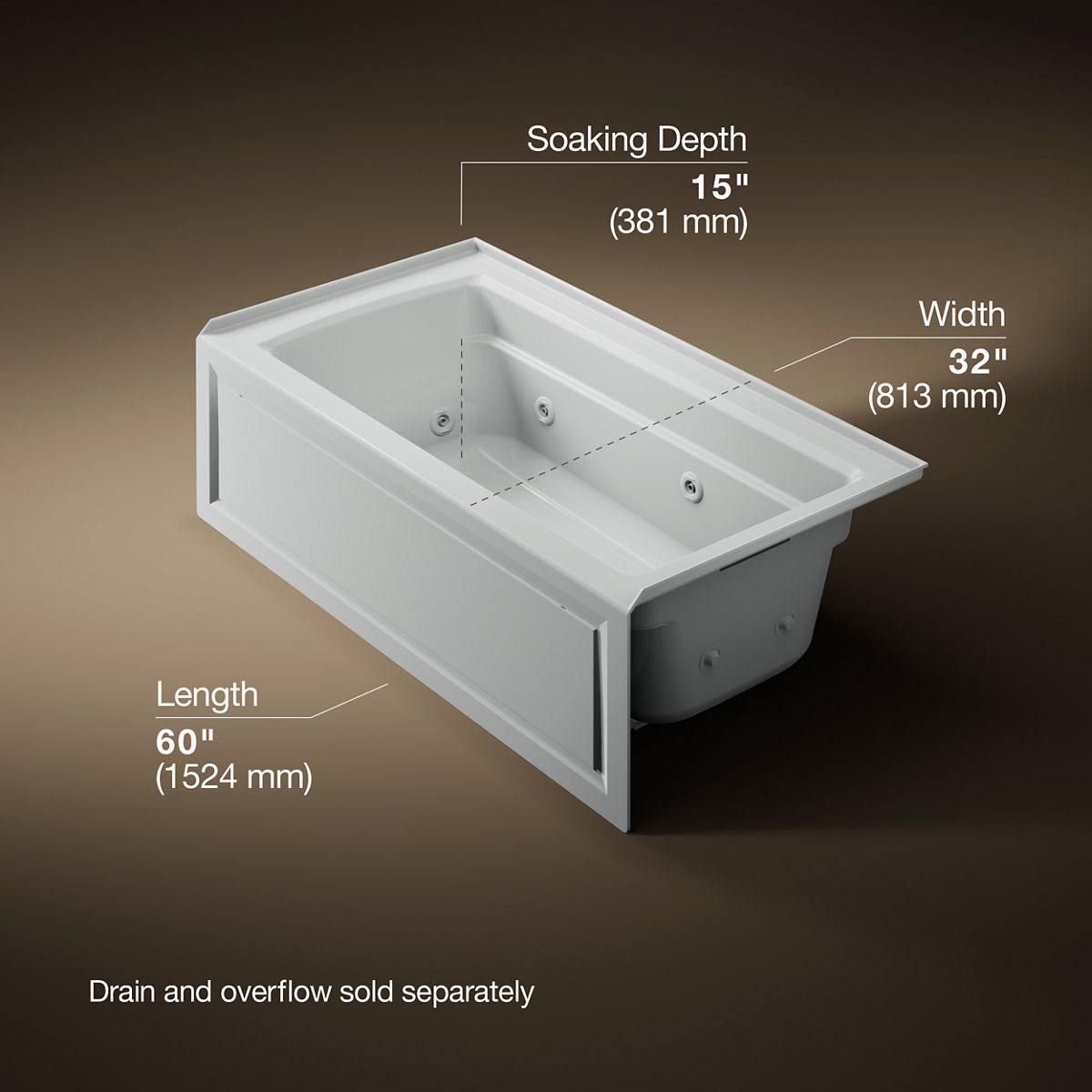 KOHLER K-1122-HR Archer 60" x 32" alcove heated whirlpool bath, right drain