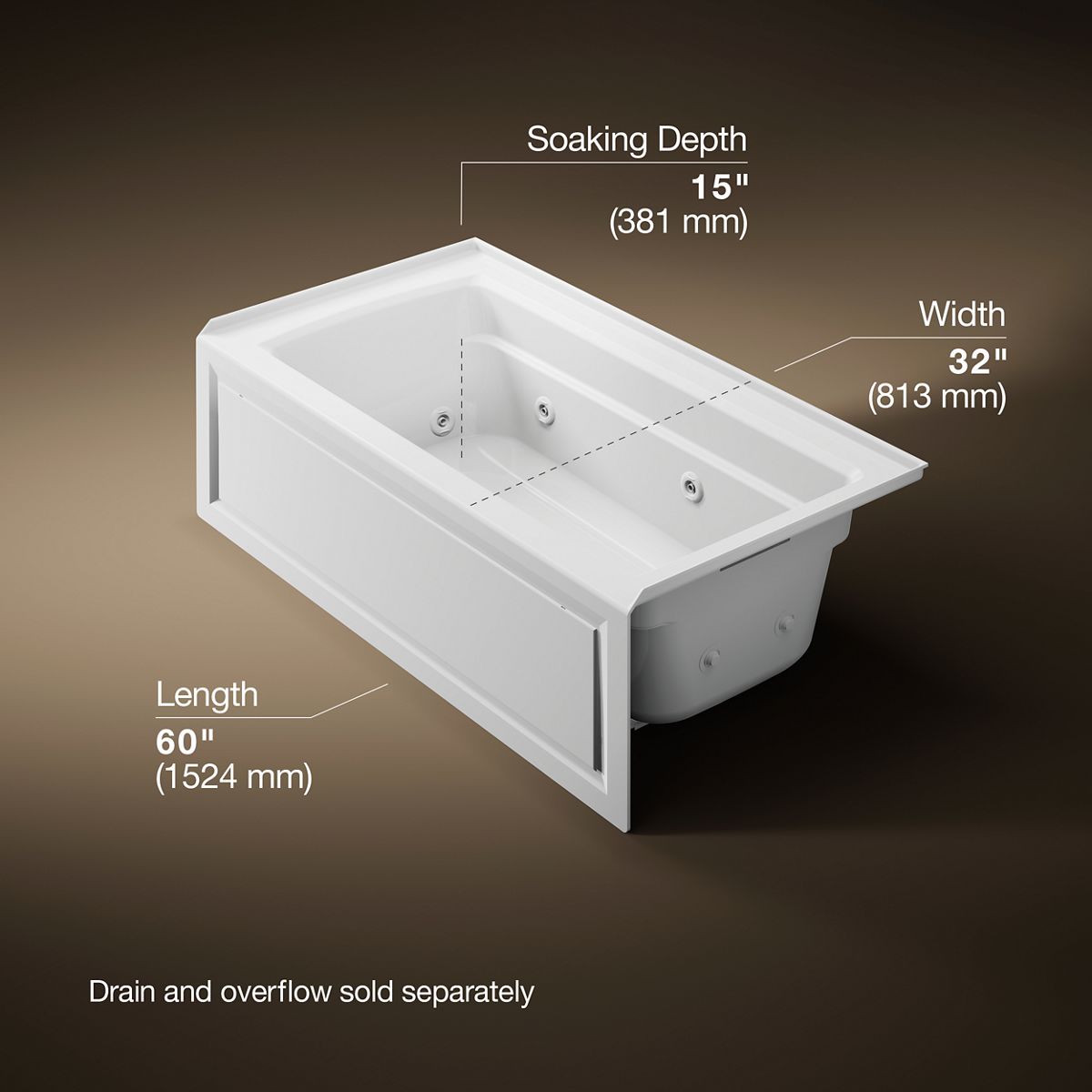 KOHLER K-1122-HR Archer 60" x 32" alcove heated whirlpool bath, right drain