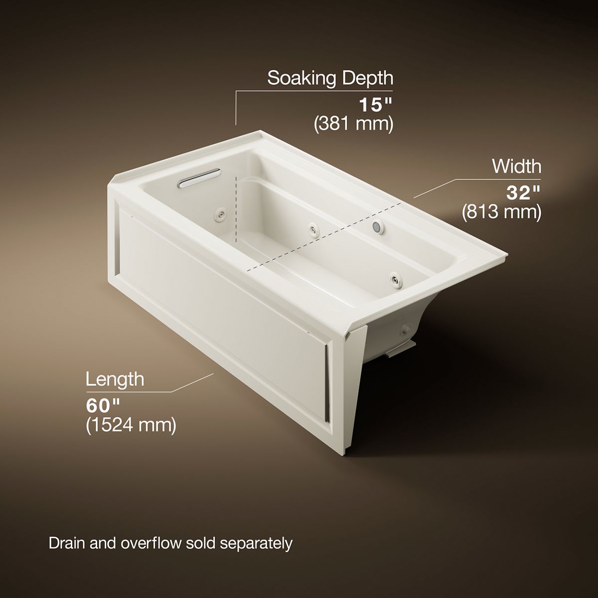 KOHLER K-1122-LAW Archer 60" x 32" alcove whirlpool bath with Bask heated surface, alcove left drain