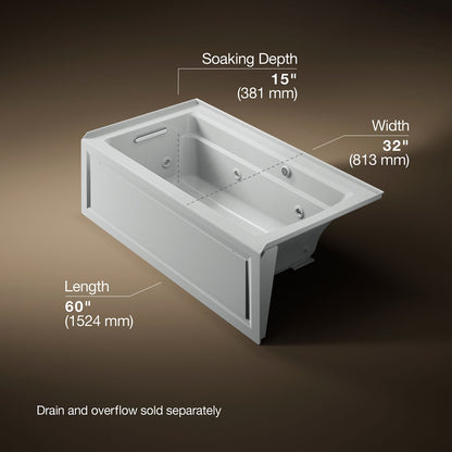 KOHLER K-1122-LAW Archer 60" x 32" alcove whirlpool bath with Bask heated surface, alcove left drain