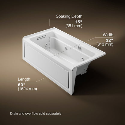 KOHLER K-1122-LAW Archer 60" x 32" alcove whirlpool bath with Bask heated surface, alcove left drain