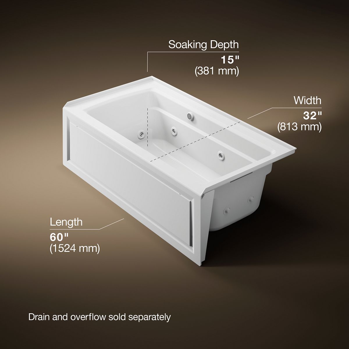 KOHLER K-1122-RAW Archer 60" x 32" alcove whirlpool bath with Bask heated surface, right drain
