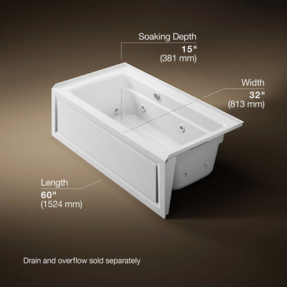 KOHLER K-1122-RAW Archer 60" x 32" alcove whirlpool bath with Bask heated surface, right drain