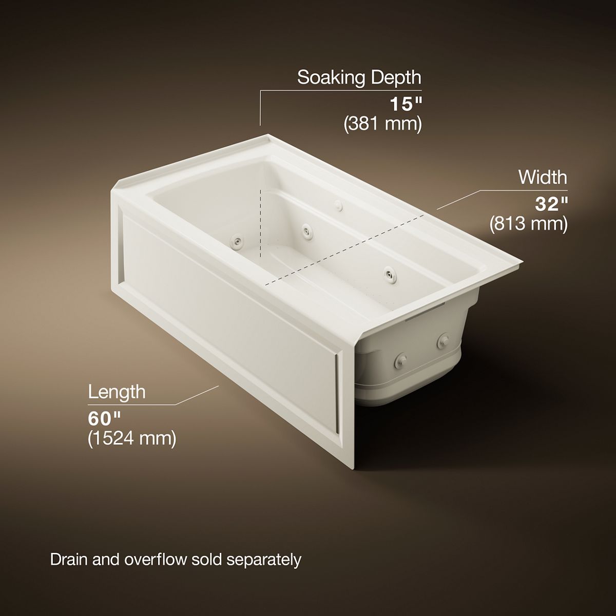 KOHLER K-1122-XGHRA Archer 60" x 32" alcove Heated BubbleMassage air bath and whirlpool, right drain