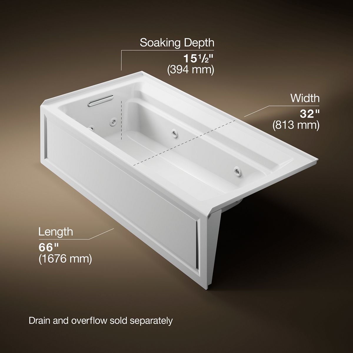 KOHLER K-1124-HL Archer 72" x 36" alcove whirlpool bath with alcove, left drain