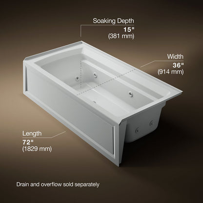 KOHLER K-1124-HR Archer 72" x 36" alcove whirlpool bath, right drain