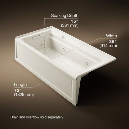 KOHLER K-1124-LAW Archer 72" x 36" alcove whirlpool bath with Bask heated surface, left drain