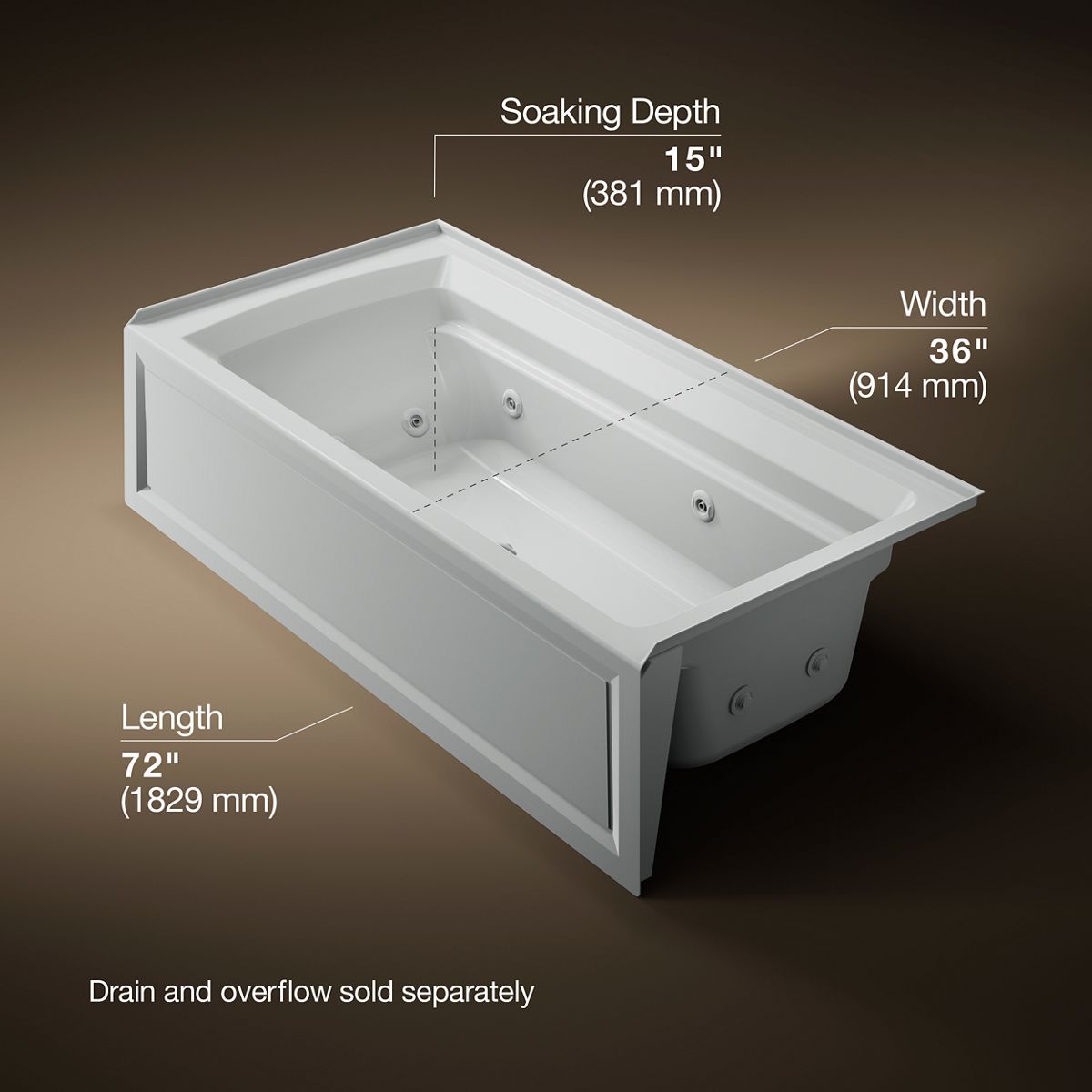 KOHLER K-1124-RA Archer 72" x 36" alcove whirlpool bath, right drain