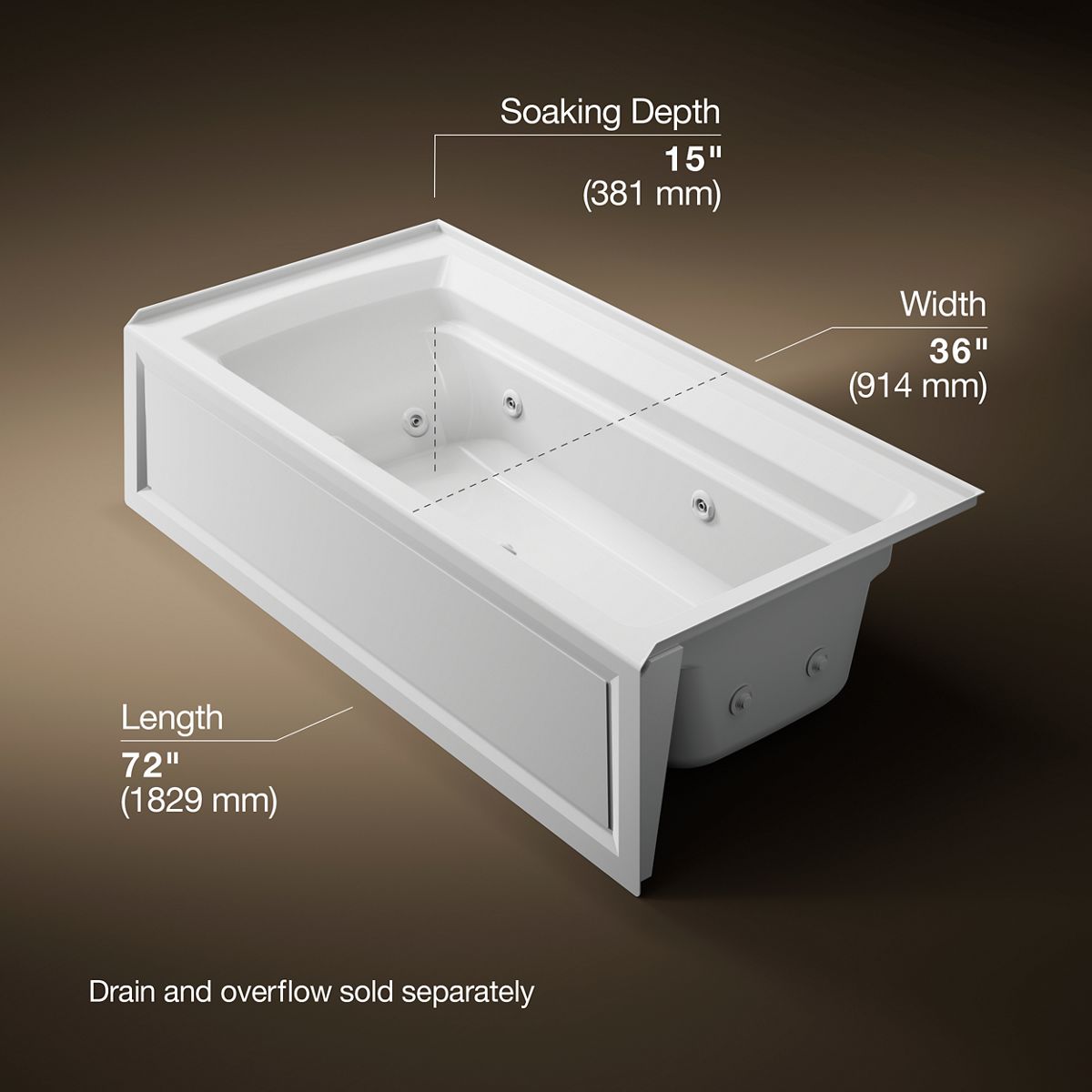 KOHLER K-1124-RA Archer 72" x 36" alcove whirlpool bath, right drain
