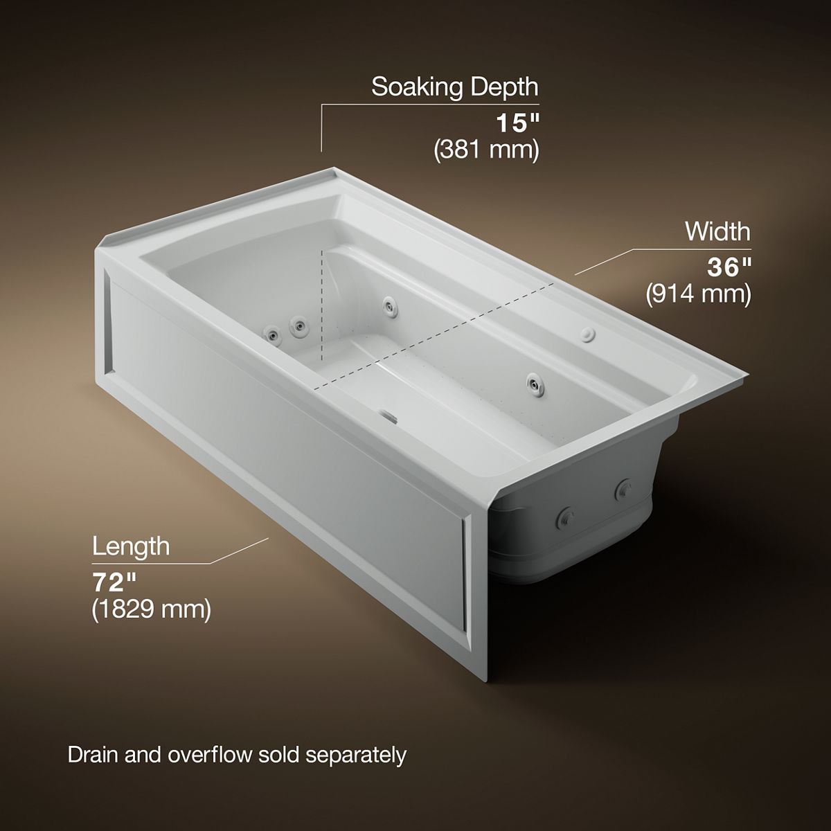 KOHLER K-1124-XGHRA Archer 72" x 36" alcove Heated BubbleMassage air bath and whirlpool, right drain