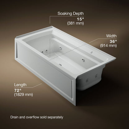 KOHLER K-1124-XGHRA Archer 72" x 36" alcove Heated BubbleMassage air bath and whirlpool, right drain