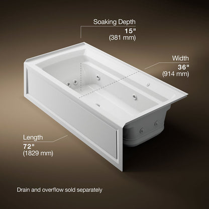 KOHLER K-1124-XGHRA Archer 72" x 36" alcove Heated BubbleMassage air bath and whirlpool, right drain