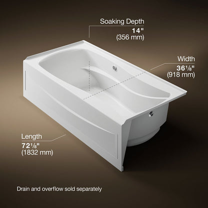 KOHLER K-1257-GHRAW Mariposa 72" x 36" alcove Heated BubbleMassage air bath with Bask heated surface, right drain