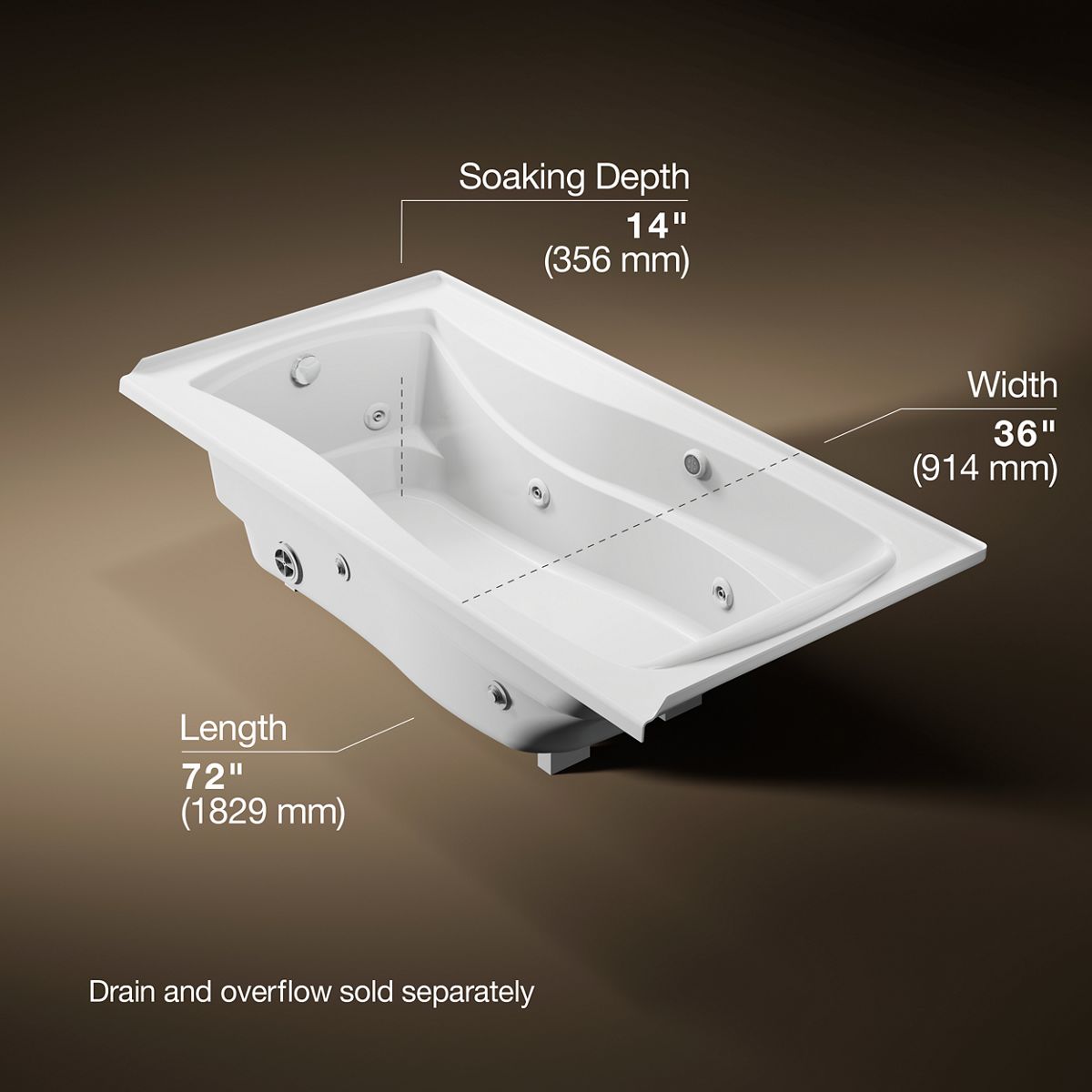 KOHLER K-1257-LW Mariposa 72" x 36" alcove whirlpool bath with Bask heated surface, left drain