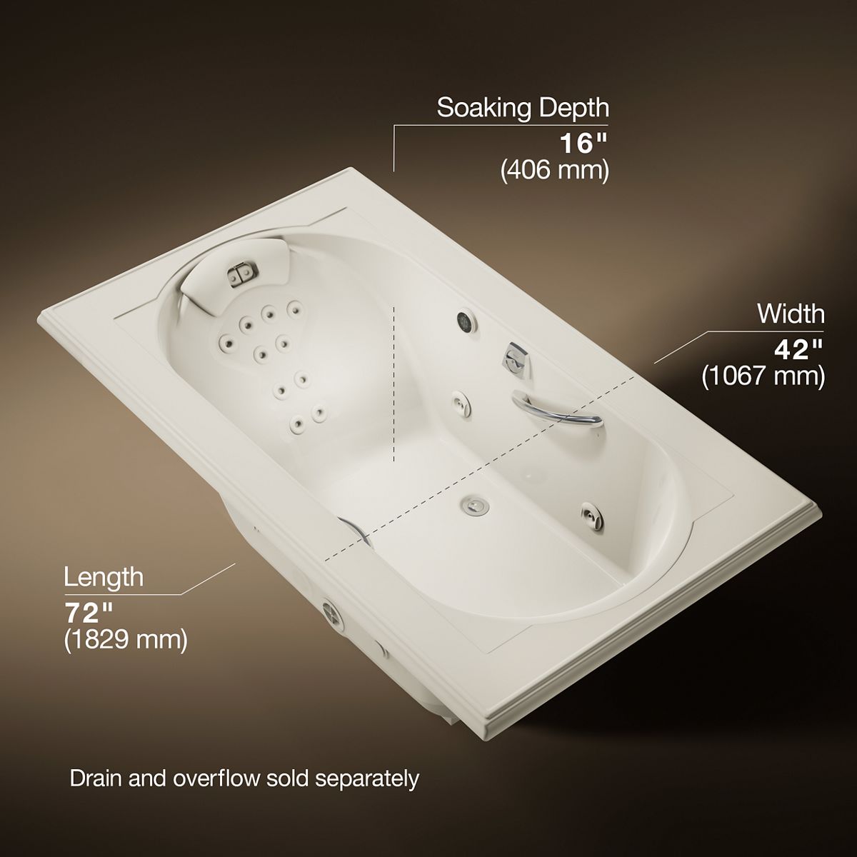 KOHLER K-1418-M Memoirs 72" x 42" drop-in heated whirlpool bath