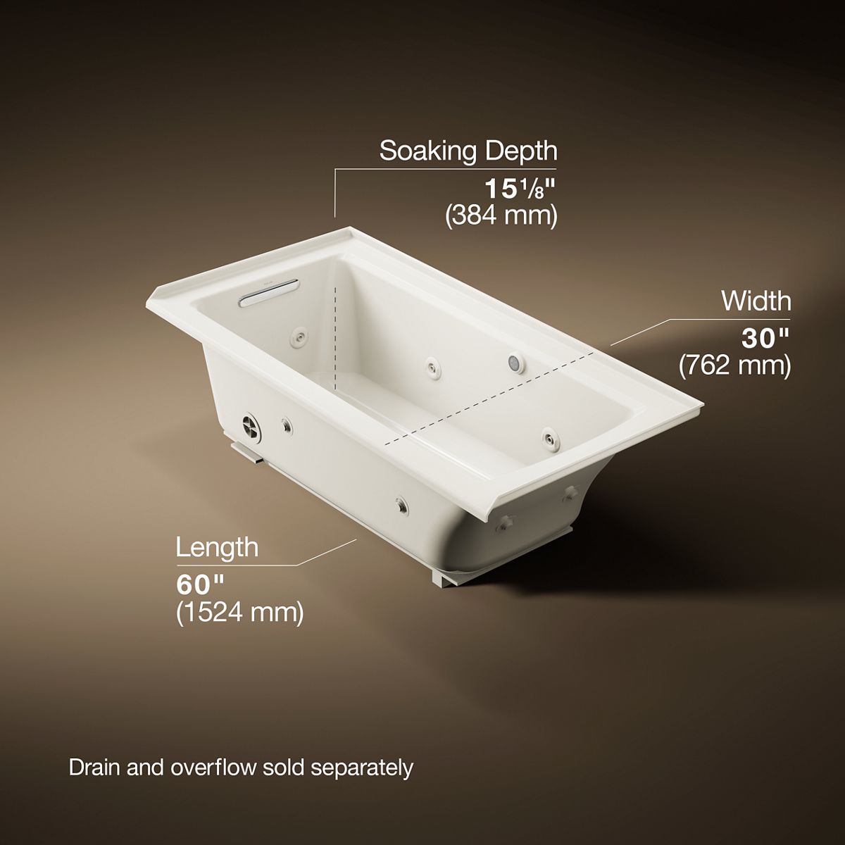 KOHLER K-1947-LW Archer 60" x 30" alcove whirlpool bath with Bask heated surface, left drain