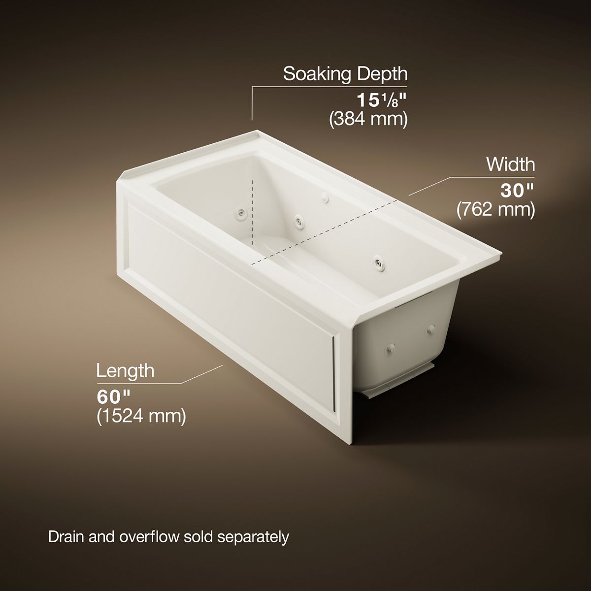 KOHLER K-1947-RAW Archer 60" x 30" alcove whirlpool bath with Bask heated surface, right drain