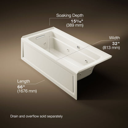 KOHLER K-1949-LAW Archer 66" x 32" alcove whirlpool bath with Bask heated surface, left drain