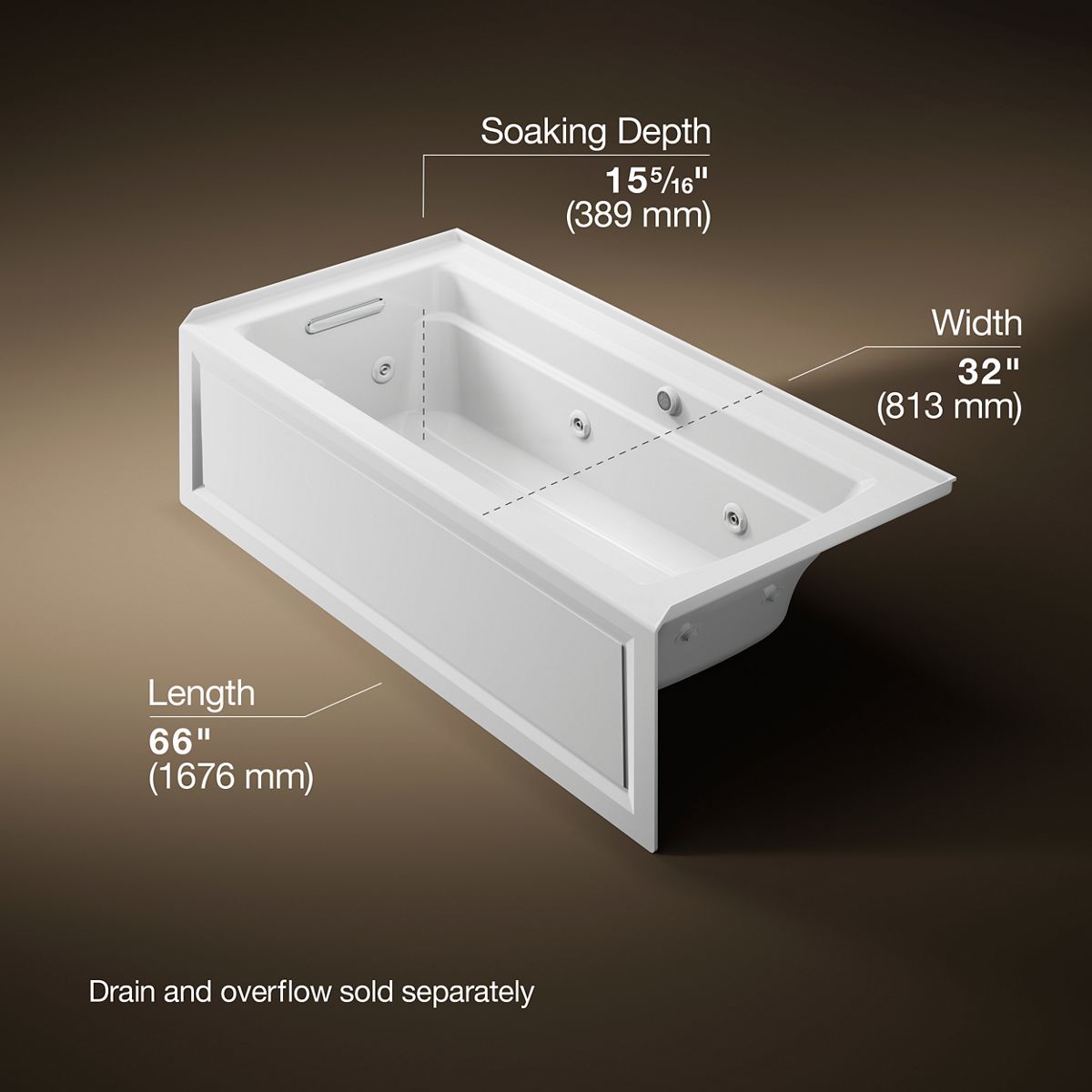 KOHLER K-1949-LAW Archer 66" x 32" alcove whirlpool bath with Bask heated surface, left drain