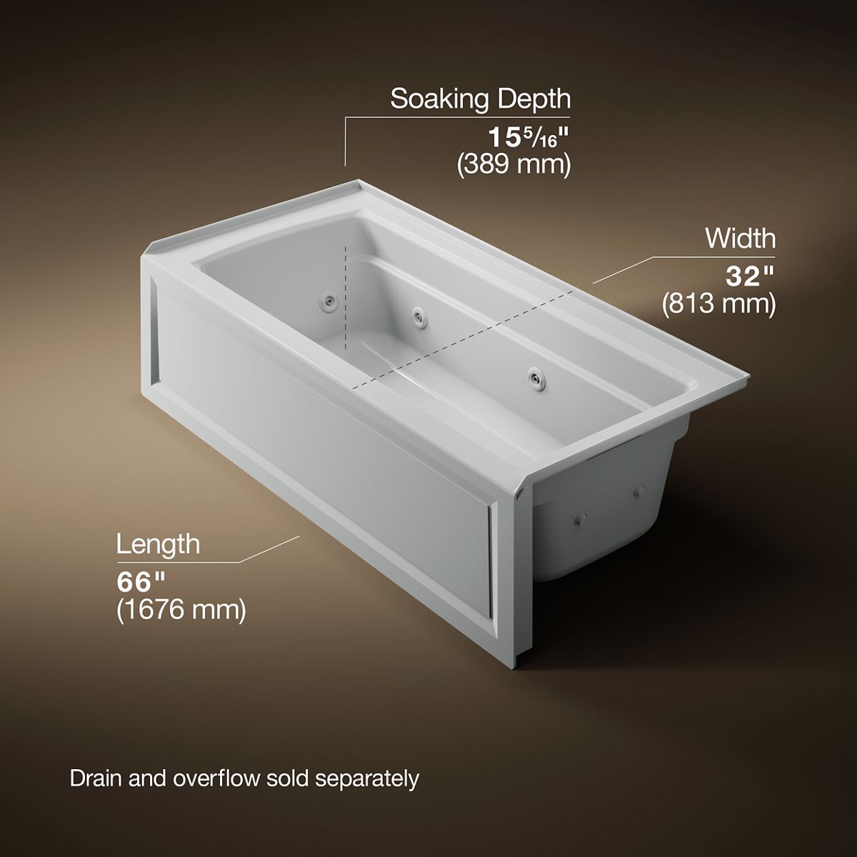 KOHLER K-1949-RA Archer 66" x 32" alcove whirlpool, right drain