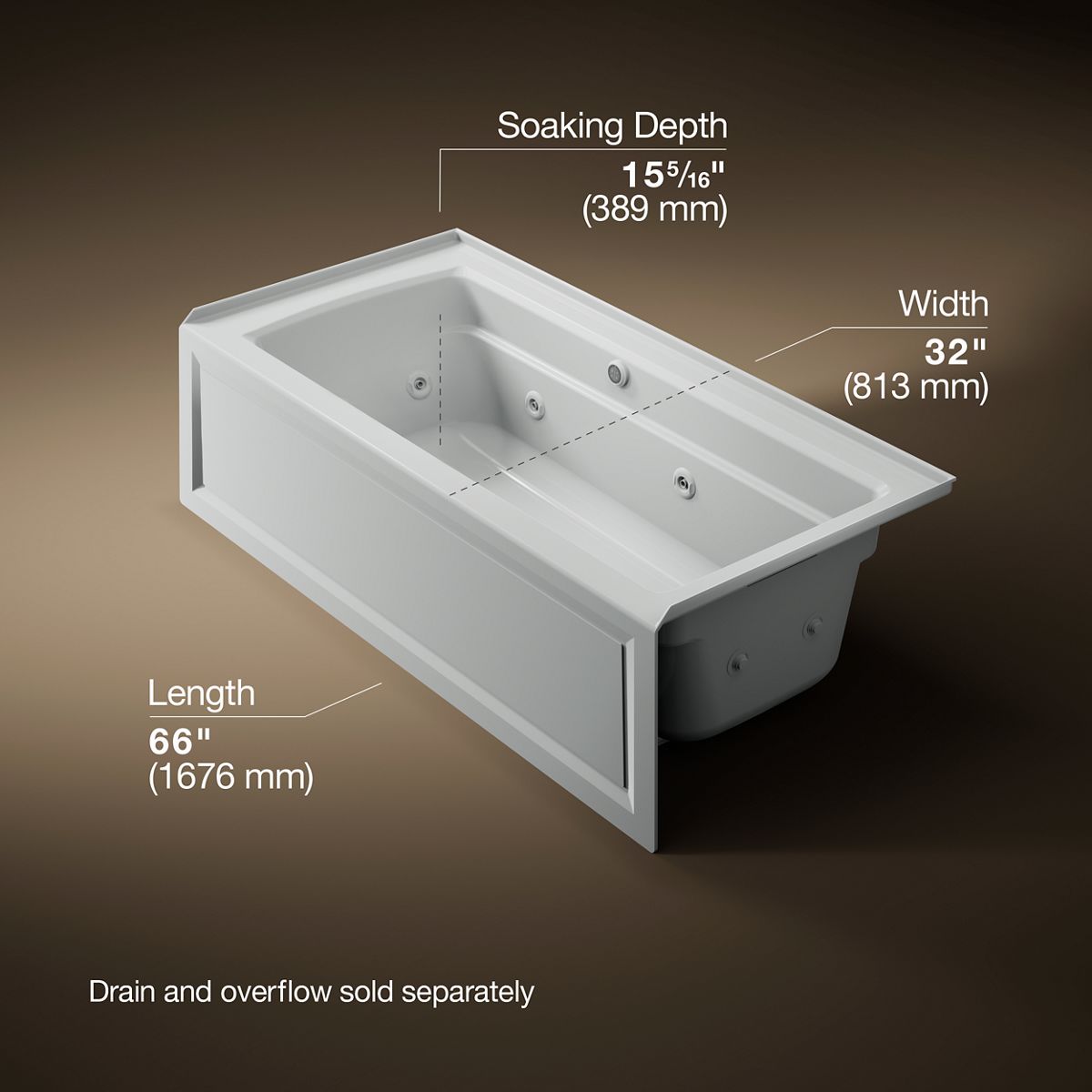 KOHLER K-1949-RAW Archer 66" x 32" alcove whirlpool bath with Bask heated surface, right drain