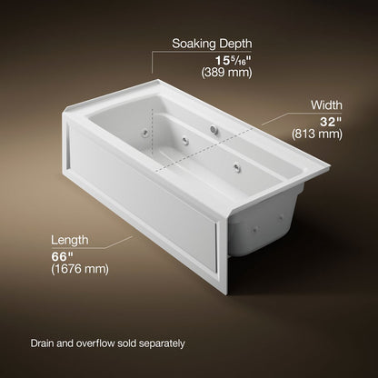 KOHLER K-1949-RAW Archer 66" x 32" alcove whirlpool bath with Bask heated surface, right drain