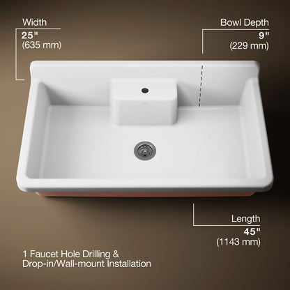 KOHLER K-21103-1HPPB Farmstead 45" top-/wall-mount single-bowl workstation farmhouse kitchen sink