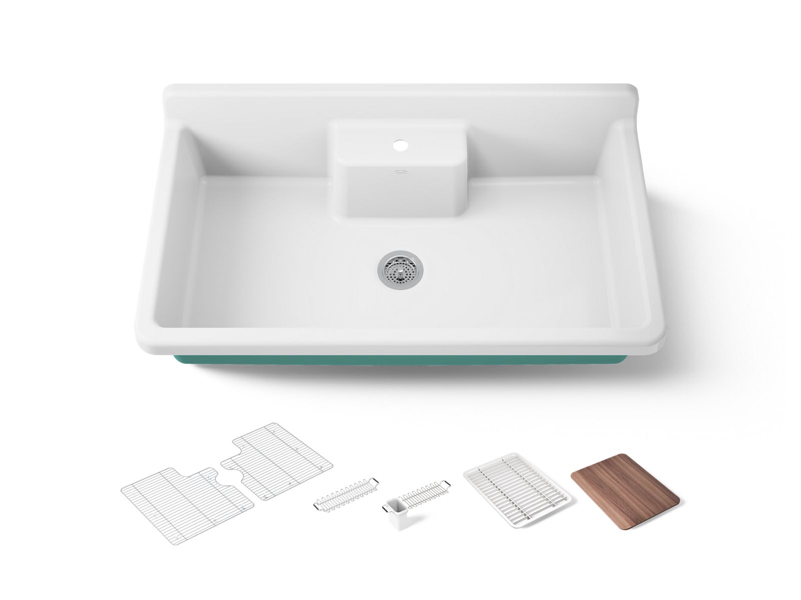 KOHLER K-21103-1HPSG Farmstead 45" top-/wall-mount single-bowl workstation farmhouse kitchen sink, 150th spring green