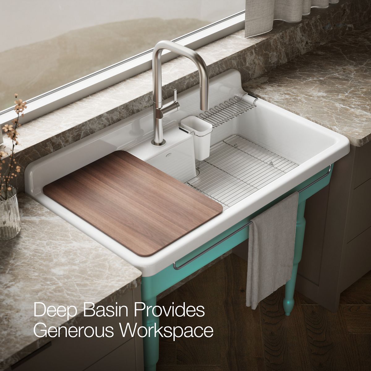 KOHLER K-21103-1HPSG Farmstead 45" top-/wall-mount single-bowl workstation farmhouse kitchen sink, 150th spring green -...