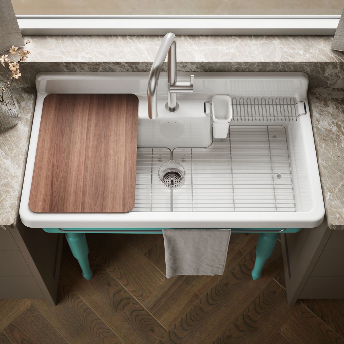 KOHLER K-21103-1HPSG Farmstead 45" top-/wall-mount single-bowl workstation farmhouse kitchen sink, 150th spring green -...
