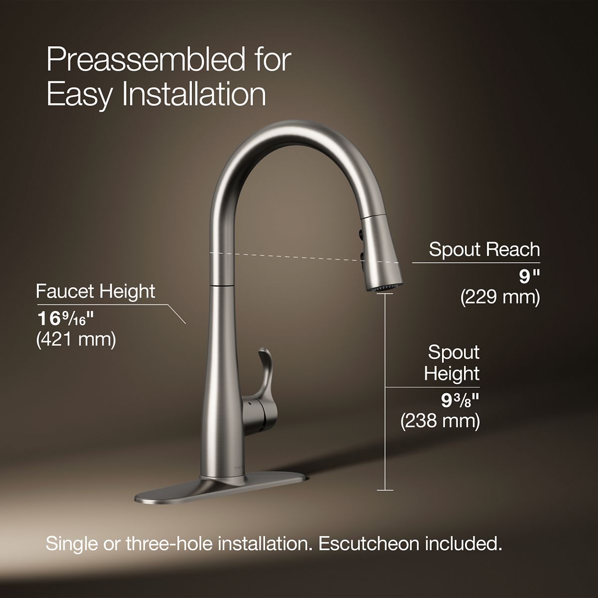 KOHLER K-22036 Simplice Touchless pull-down kitchen sink faucet with three-function sprayhead