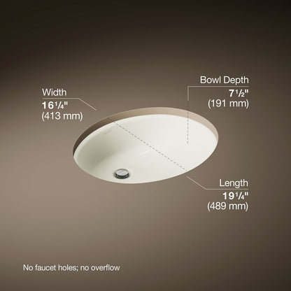 KOHLER K-2210-G Caxton 19-1/4" oval undermount bathroom sink with glazed underside, no overflow