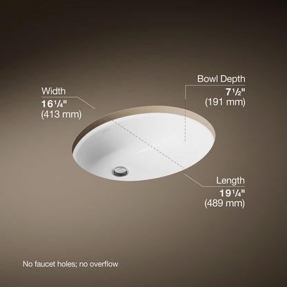 KOHLER K-2210-G Caxton 19-1/4" oval undermount bathroom sink with glazed underside, no overflow
