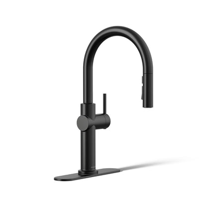 KOHLER K-22974-RT2 Crue Touchless Pull-down Kitchen Sink Faucet with Three-function Sprayhead, Matte Black - 3/4 view of prod