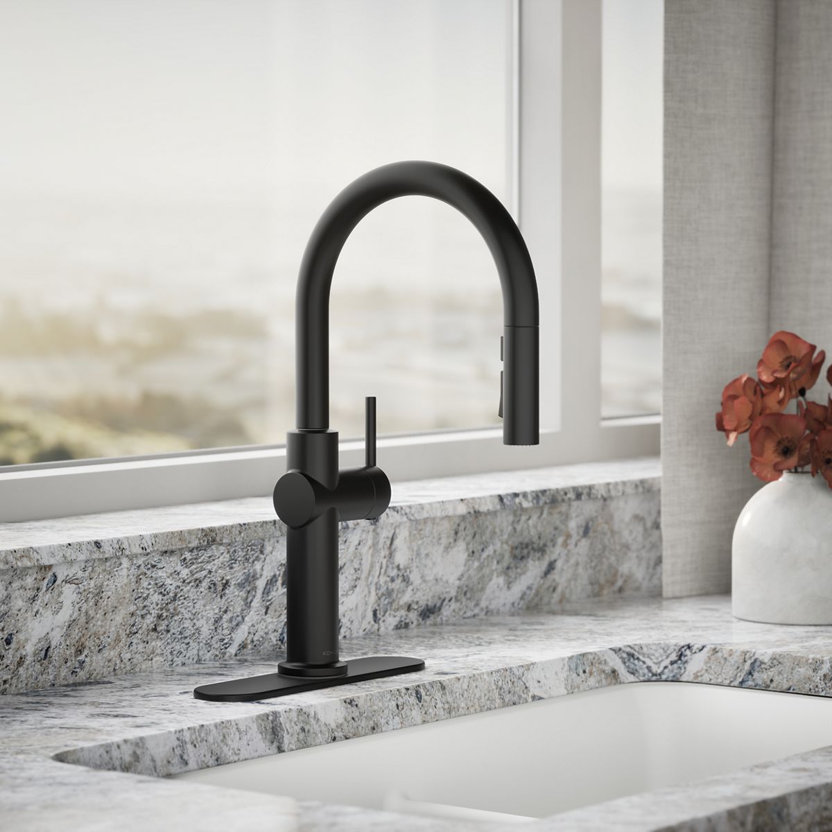 KOHLER K-22974-RT2 Crue Touchless Pull-down Kitchen Sink Faucet with Three-function Sprayhead, Matte Black - Shows close up d