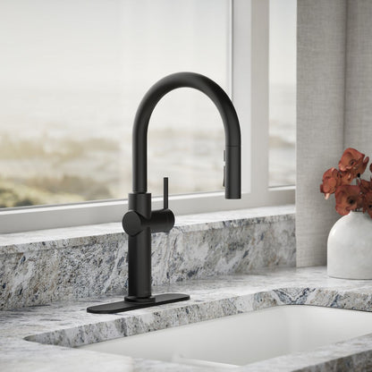 KOHLER K-22974-RT2 Crue Touchless Pull-down Kitchen Sink Faucet with Three-function Sprayhead, Matte Black - Shows close up d