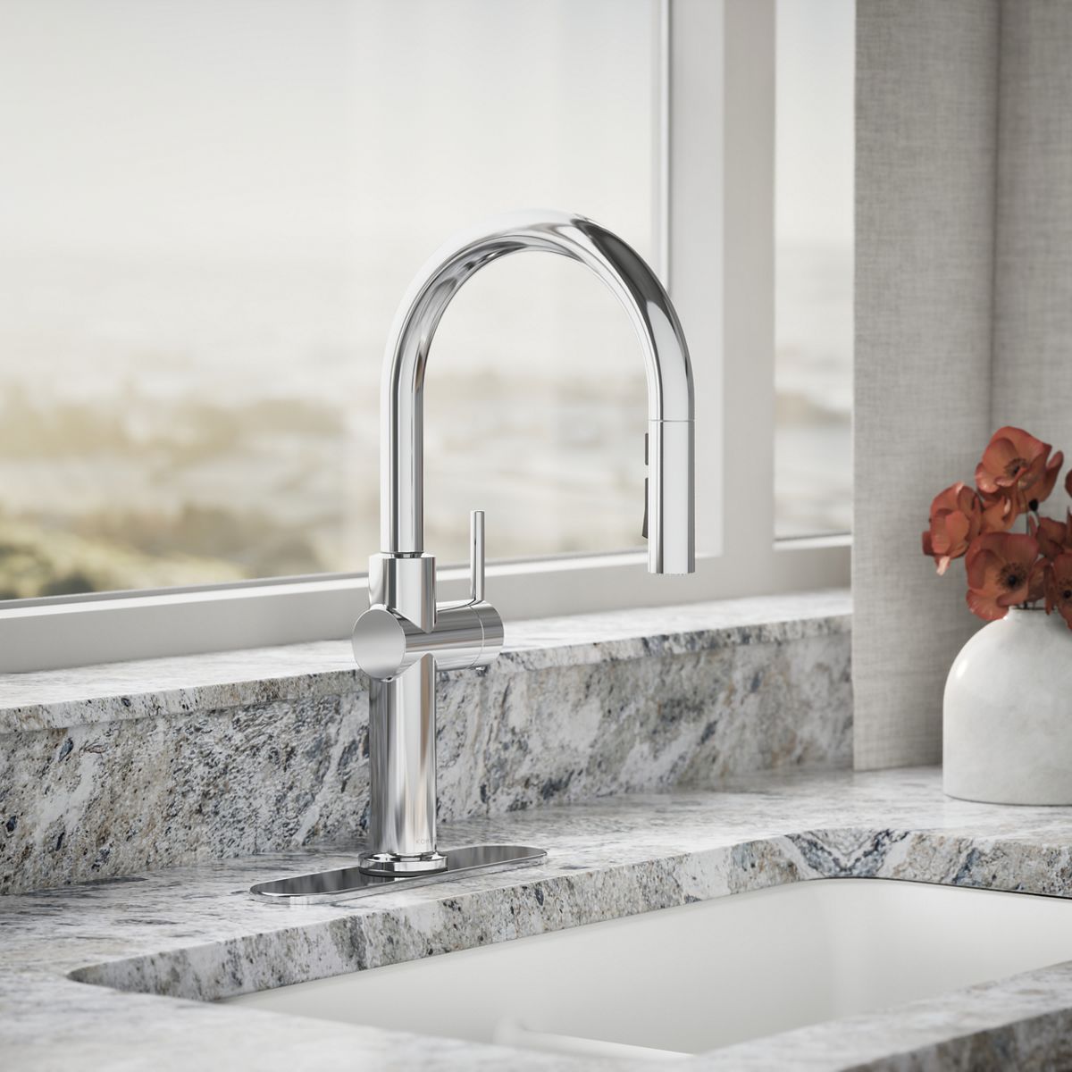KOHLER K-22974-RT2 Crue Touchless Pull-down Kitchen Sink Faucet with Three-function Sprayhead, Polished Chrome - Shows close 